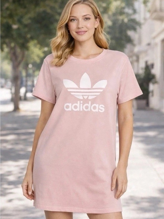 adidas Dresses & Skirts - ADIDAS Originals Women’s Short Sleeve T-Shirt Dress Medium Pink White Trefoil
